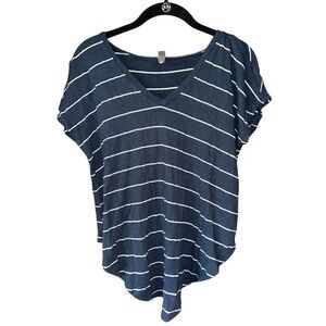 Casual Navy Blue and White Striped V-Neck Short Sleeve T-Shirt Top‎